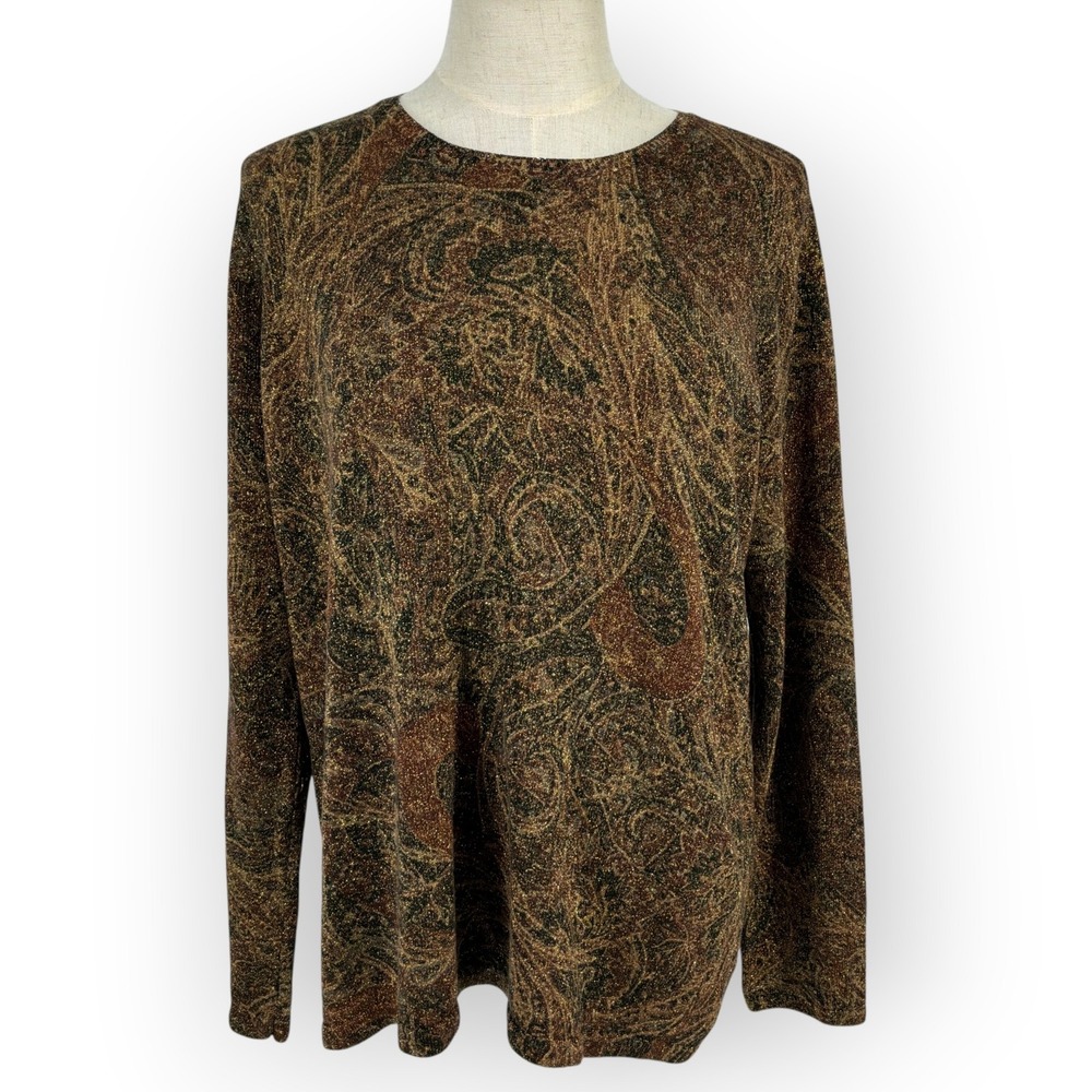 Lauren Ralph Lauren Silk Cashmere Paisley Metallic Sweater Gold Bronze 1X